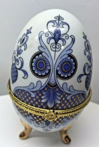 Vintage Small Blue & White Floral Owl Hinged Porcelain Egg Trinket Box