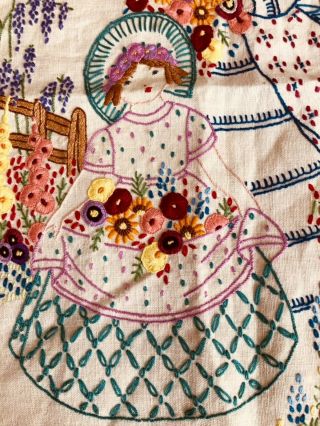 Exquisite Vintage Hand Embroidered “ Crinolin Ladies” Pillow Top 2