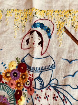 Exquisite Vintage Hand Embroidered “ Crinolin Ladies” Pillow Top 3
