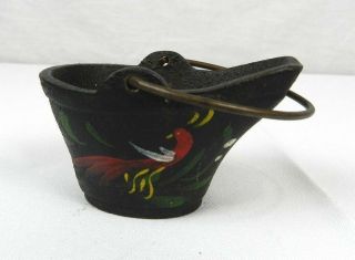 Vintage Cast Iron Black Coal Bucket W Handle Painted Red Peacock Bird Miniature