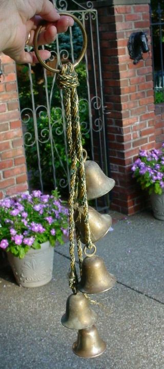 Vintage Brass Hanging Christmas Bells On Rope Door Entry Jingle Patina