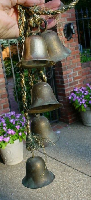 Vintage Brass Hanging Christmas Bells on Rope Door Entry Jingle Patina 2