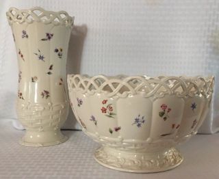 Lenox “posy Baskets” Matching Centerpiece Bowl & Vase With Cut Out Trim