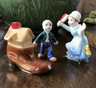 Rare Vintage Mini Miniature Old Woman In A Shoe Nursery Rhyme Bone China 3pc Set
