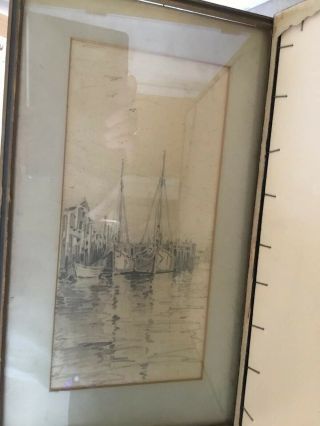 Old Framed Antique Pencil Drawing Of Ships In Wharf Signed A E Howard No Res.