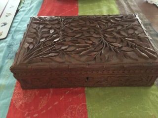 Vintage Hand - Carved Rosewood Jewelry Box With Leaf Patterns