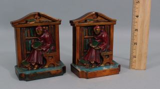 Small Miniature Antique 1920 Aronson Monks Cardinal Polychrome Bronzed Bookends