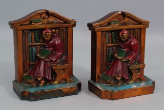 Small Miniature Antique 1920 Aronson Monks Cardinal Polychrome Bronzed Bookends 2