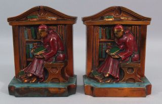 Small Miniature Antique 1920 Aronson Monks Cardinal Polychrome Bronzed Bookends 3