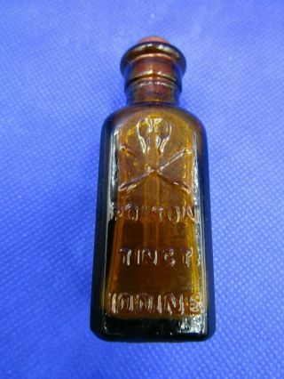 Antique Glass Small 2 3/4 " Tall Brown Poison Bottle - Skull & Cross Bones