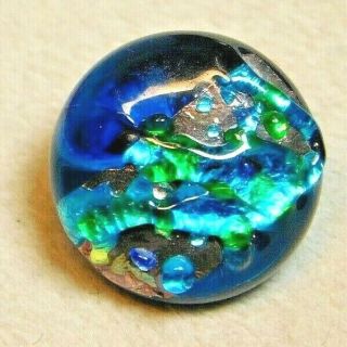 Antique Vintage Charmstring Button Dark Turquoise Art Glass With Silver Foil