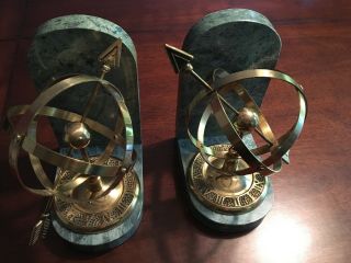 Vintage Brass Sundial Armillary Sphere Bookends Globe Arrow (pair) Green