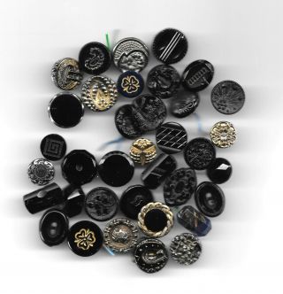 34 Black Glass Buttons Sizes From 3/4 " - - 1/2 " Many Have Silver Or Gold Lusture.