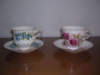 Collectible Queen Anne Bone China Footed Teacups With Saucers