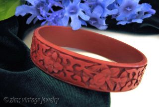 Antique Old Vintage Chinese Carved Cinnabar Red Floral Bangle Bracelet