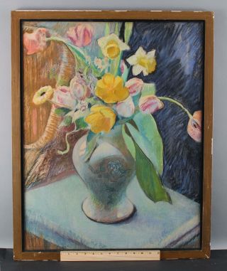 Large Antique Agnes Lincoln Pastel Still Life Drawing,  Tulips Flowers Nr