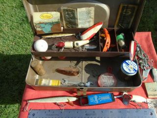 Vintage Tackle Box Full Of Old Fishing Lures & Accesories 1967 Fishing Licence