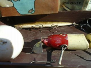 Vintage Tackle Box Full Of Old Fishing Lures & Accesories 1967 fishing licence 3