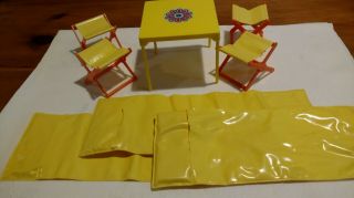 Vintage 1970s Barbie Country Camper Camp Chairs,  Table And Sleeping Bags.