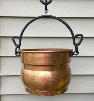 Vintage Large Hammered Copper Hanging Kettle Pot Planter W/ Black Metal Handle
