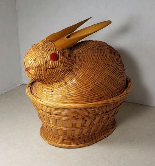 Vintage Wicker Bunny Lidded Basket Red Button Eyes And Bamboo Ears Rabbit