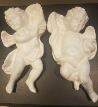 Pair White Vintage Ceramic Angel Cherub Wall Plaques Cupids