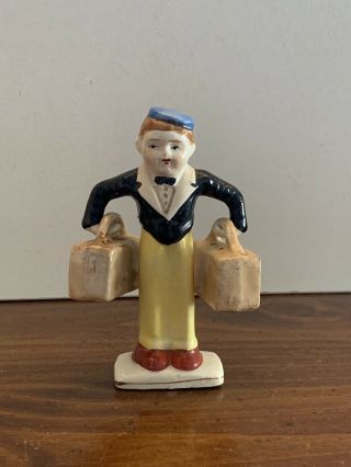 Vintage Handpainted Bellhop Bellboy Ceramic Salt And Pepper 3 - Piece Shakers Set