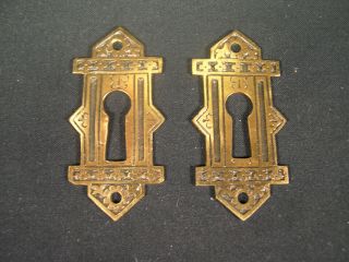 2 Victorian Aesthetic Movement Key Hole Cover Plates Brass Escutcheon 1879
