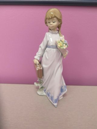 Lladro Figurine 7604 School Days Girl With Flowers & Briefcase Retired Lovely