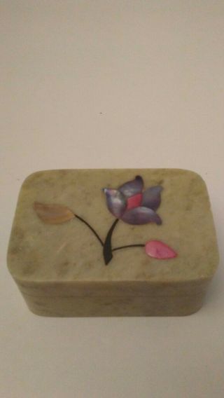 Small Soapstone Trinket Box Made In India,  Hinged,  Mother Of Pearl Inlay,  Decor