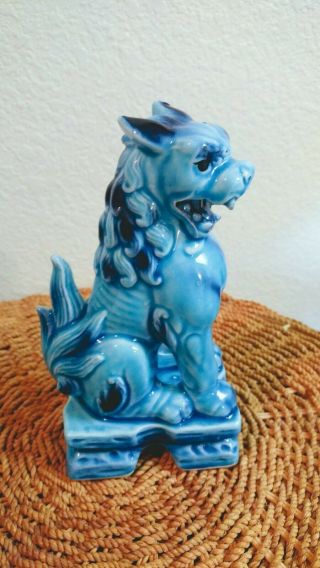 Vintage Chinese Blue Glazed Ceramic Foo Dog Sculpture 8.  5 " Tall Great Detail A,