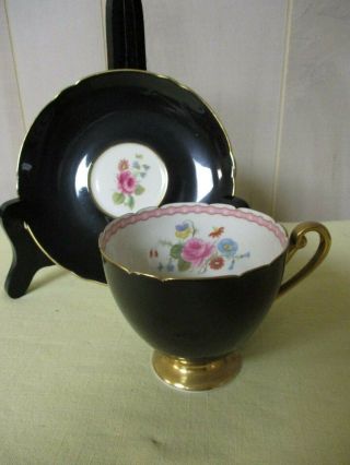 Vintage Shelley Bone China Teacup & Saucer Black W/ Floral