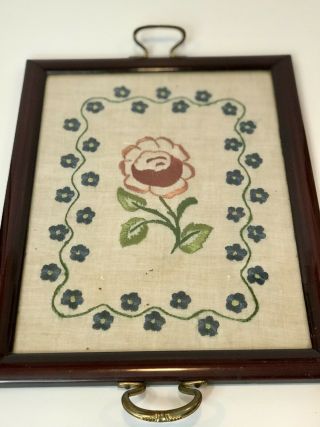 Vintage Wood Frame Tray With Embroidered Flower Design Under Glass
