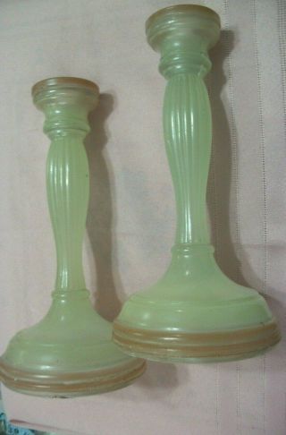 Antique 8.  5 " Tall Glass Candle Sticks Opaque Coloring Painted Pink & Off White