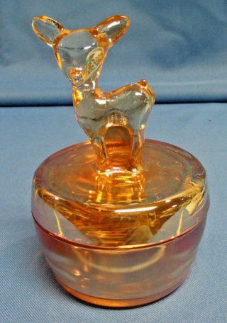 Vintage Late 1940s Iridescent Jeanette Glass Bambi Deer Candy Powder Jar & Cover
