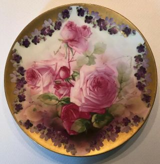 Antique Hand - Painted Pink Roses Purple Violets Plate Vienna Austria 9326