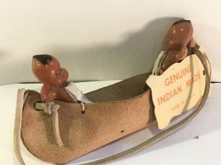 Vintage Leather Canoe With Indian Figures - Indian Made Souvenir