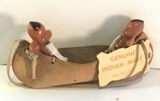 Vintage Leather Canoe with Indian Figures - Indian Made Souvenir 3