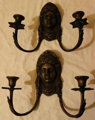 Antique Vintage Brass Double Wall Candle Holders Face C.  1920s - 1940s Set 2