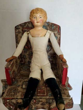 Antique Minerva Tin Head Doll.  German 6 Stitched Leather Hands