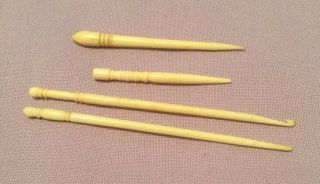 Antique - Old Fancy Carved Bone Crochet Hooks & Awls / Punches -