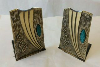 Vintage Brass/bronze Bookends With Turquoise Colored Stones - - Made In Israel