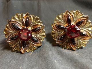 1 Pair Vintage Amber & Ruby Red Glass Flower Floral Curtain Pull Backs Tie Backs