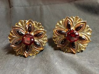 1 Pair Vintage Amber & Ruby Red Glass Flower Floral Curtain Pull Backs Tie Backs 2