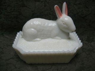 Antique Early Art Milk Glass China Rabbit On Nest Covered Dish