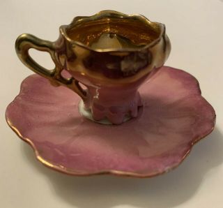 Antique Miniature Shades Of Pink Luster Tea Cup & Saucer Set Accented With Gold
