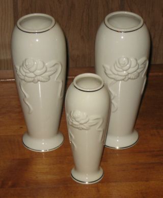Set Of 3 Lenox Vases Ivory With Gold Trim (2 Vases 7 " Tall And 1 Vase 6 " Tall)