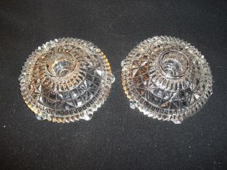 Vintage Pair Clear Crystal Taper Candle Holders Carved Stars & Ribbed Pattern