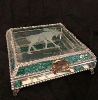 Vtg Beveled & Leaded Glass Jewelry Box Etched Moose Mirrored Stone Handle Footed