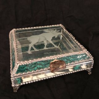 Vtg Beveled & Leaded Glass Jewelry Box Etched Moose Mirrored Stone Handle Footed 2